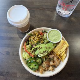Me gusta bowl with chicken and a latte. Me gusta bowl with chicken and a latte.
