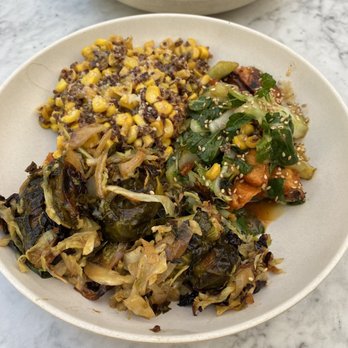 Flower Child - 3 Vegetarian Sides - Yuzu Brussels Sprouts, Sweet Corn & Quinoa and Red Chile Glazed Sweet Potato - Salad Near Me - Del Mar, California Flower Child - 3 Vegetarian Sides - Yuzu Brussels Sprouts, Sweet Corn & Quinoa and Red Chile Glazed Sweet Potato - Salad Near Me - Del Mar, California