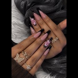 We Nails - Pink and black almond nails with 3D flower charms -- We Nails, Northridge