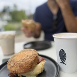 Breakfast sandwich, honey lavender latte, chai tea latte