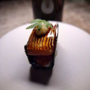 Frevo - March 2022- Course 1- Shima-Aji, shiso, trout roe, nori shell. Delicious but tiny. - French Near Me - New York, New York Frevo - March 2022- Course 1- Shima-Aji, shiso, trout roe, nori shell. Delicious but tiny. - French Near Me - New York, New York