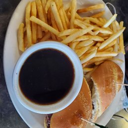 Burger dip and shoestring fries. Burger dip and shoestring fries.