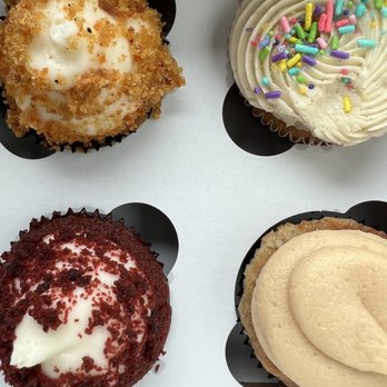Sugar Lab Bake Shop - Carrot cupcake w/ cream cheese, vanilla cupcake w/ butter cream, red velvet with cream cheese, & GF banana PB cupcake - Bakeries Near Me - Ventura, California