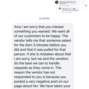 The Pickers Choice - Reply from business - A screenshot of a Facebook Messenger conversation from The Pickers Choice, a business, addressing a customer's negative post. The message explains that the business has removed the post, states their policy against negative posts, and emphasizes their commitment to customer satisfaction. The interface shows typical Messenger icons and a timestamp of 6:48 PM. - Antiques Near Me - Arab, Alabama