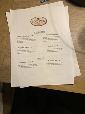 Menu photo 2 Fox Den Pigeon Forge, TN