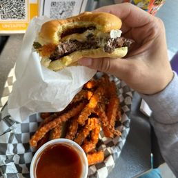 Kobra Kai burger, sweet potato fries , beer