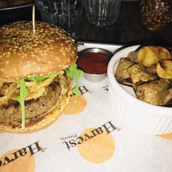 Harvest Bar + Kitchen - The Harvest Burger with fingerling potatoes. - Pizza Near Me - Columbus, Ohio Harvest Bar + Kitchen - The Harvest Burger with fingerling potatoes. - Pizza Near Me - Columbus, Ohio