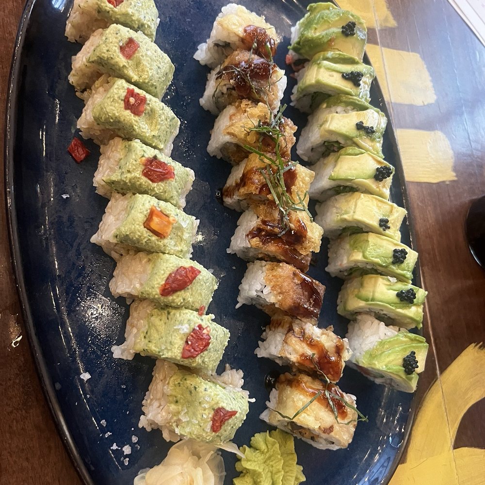 Blue Sushi Sake Grill - From Left to Right EDEN ROLL (VG) SHIITAKE TO ME (VG) GREEN GODDESS (VG) (GF) - Sushi Bars Near Me - Houston, Texas Blue Sushi Sake Grill - From Left to Right EDEN ROLL (VG) SHIITAKE TO ME (VG) GREEN GODDESS (VG) (GF) - Sushi Bars Near Me - Houston, Texas