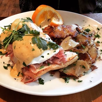Plums Cafe - The Eggs Benedict w/potato hash - Ok. - Breakfast & Brunch Near Me - Costa Mesa, California
