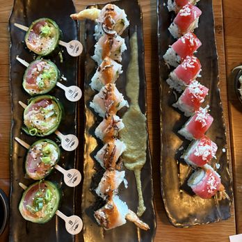 Sandfish Sushi & Whiskey - Rolls, in order from left to right: Lollipop, Savory Albacore, Koko - Sushi Bars Near Me - Phoenix, Arizona Sandfish Sushi & Whiskey - Rolls, in order from left to right: Lollipop, Savory Albacore, Koko - Sushi Bars Near Me - Phoenix, Arizona