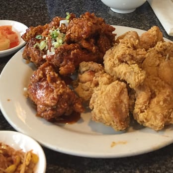 Stone Korean Restaurant - 12 piece half fried, half marinated chicken! $25. Really juicy meat despite being fried. - Korean Near Me - Redmond, Washington Stone Korean Restaurant - 12 piece half fried, half marinated chicken! $25. Really juicy meat despite being fried. - Korean Near Me - Redmond, Washington