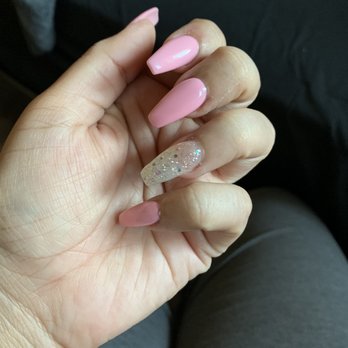 A C Nail Spa - Full acrylic set - gel pink and glitter - Nail Salons Near Me - Los Angeles, California