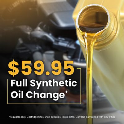 $59.95 Full Synthetic Oil Change - Restrictions Apply. Reg Price:  Havoline Synthetic: $77.99.  Tax and disposal fees extra. Additional quarts extra. Cartridge filters extra. Excludes Mobil 1 oil.