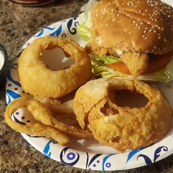 Copperlocks Grill - Crispy Chicken Sandwich with Onion Rings. - Fast Food Near Me - Corona, California