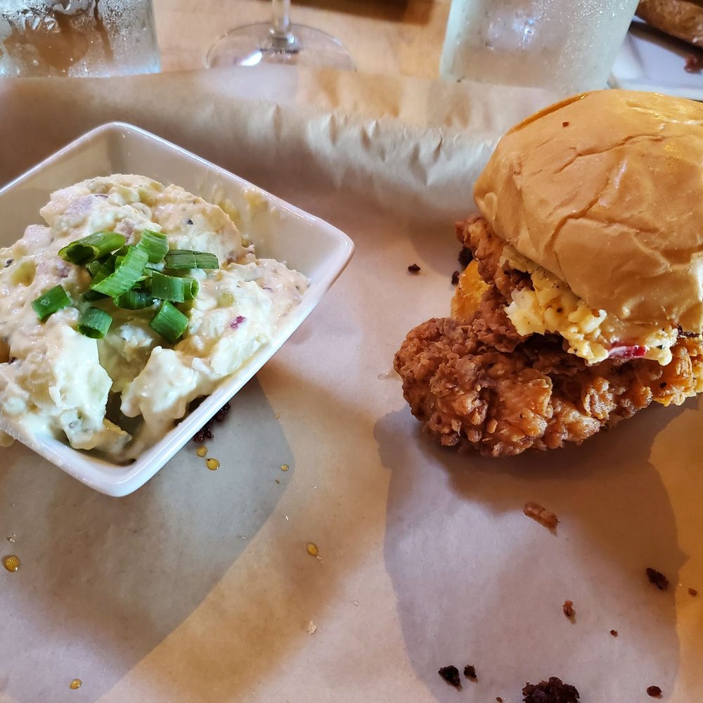 Scratch Kitchen & Taproom - Crispy Chicken Sandwich with Potato Salad - Bars Near Me - Apex, North Carolina Scratch Kitchen & Taproom - Crispy Chicken Sandwich with Potato Salad - Bars Near Me - Apex, North Carolina