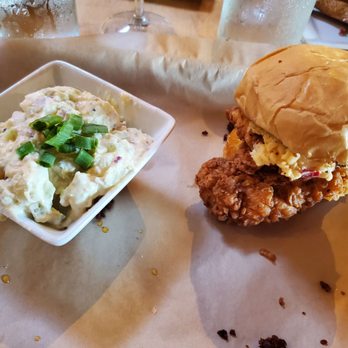 Scratch Kitchen & Taproom - Crispy Chicken Sandwich with Potato Salad - Bars Near Me - Apex, North Carolina