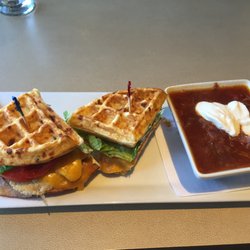 901 Westside - Home made borscht and breakfast waffle sandwich - YUM