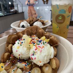 Natural Kitchen - Two Bubble Waffle sundaes and Lychee Green Tea