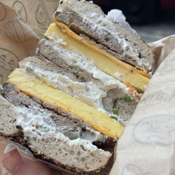 R & A Sourdough - Build your own everything bagel- chive schmear, turkey sausage, cheddar, egg frittata - Bagels Near Me - Chicago, Illinois R & A Sourdough - Build your own everything bagel- chive schmear, turkey sausage, cheddar, egg frittata - Bagels Near Me - Chicago, Illinois
