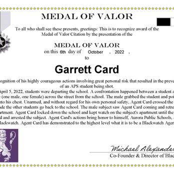 Blackwatch - Agent Card's Medal of Valor Citation - Security Services Near Me - Aurora, Colorado