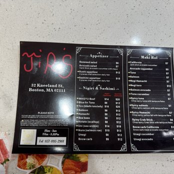 Jiro‘s Sushi - Paper menu - Sushi Bars Near Me - Boston, Massachusetts