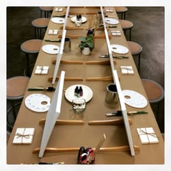 Creative Cove - Set up for 2 project birthday party!! Amazing abstract paintings and DIY coasters made by guests as their party favor!!