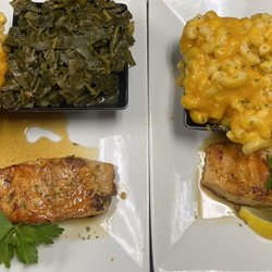 Fat Boiz - Salmon with a sweet jones glaze served with Mac & cheese n collards