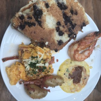 Redbird - A little of everything: Spanish Scramble, Shrimp & Grits, and BLD Ricotta Blueberry Pancakes - New American Near Me - Los Angeles, California Redbird - A little of everything: Spanish Scramble, Shrimp & Grits, and BLD Ricotta Blueberry Pancakes - New American Near Me - Los Angeles, California
