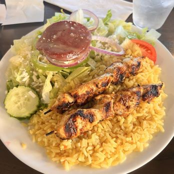 Little Greek Fresh Grill - Chicken Skewers with Rice & Greek Salad - Greek Near Me - Plano, Texas Little Greek Fresh Grill - Chicken Skewers with Rice & Greek Salad - Greek Near Me - Plano, Texas