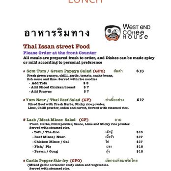 West End Coffee House - First page of the lunch menu. Like so many places, a cheap salad but the add-ons are outrageously priced. Don't go there. - Coffee & Tea Near Me - West End, QLD West End Coffee House - First page of the lunch menu. Like so many places, a cheap salad but the add-ons are outrageously priced. Don't go there. - Coffee & Tea Near Me - West End, QLD