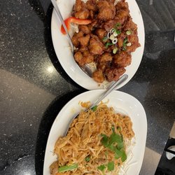 Thai House - Chicken pad Thai and orange chicken.