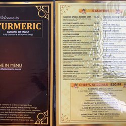 The Turmeric Cuisine Of India - Front page of menu