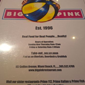 Big Pink - Menu front - Pizza Near Me - Miami Beach, Florida Big Pink - Menu front - Pizza Near Me - Miami Beach, Florida