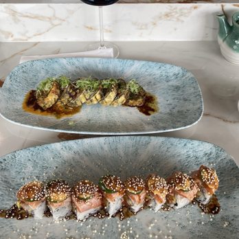 Ken Sushi Workshop - Featured here is (1) The Workshop roll, which topped with jalapeños; (2) Unagi Bonsai roll; and (3) glass of quality Pinot Nior. - Japanese Near Me - San Diego, California Ken Sushi Workshop - Featured here is (1) The Workshop roll, which topped with jalapeños; (2) Unagi Bonsai roll; and (3) glass of quality Pinot Nior. - Japanese Near Me - San Diego, California