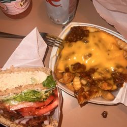 Moogy's Restaurant - Chicken salad sandwich and chili cheese fries