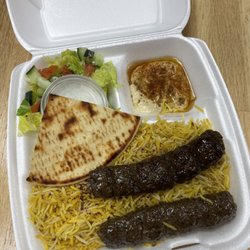 Kabab King - Beef Koobideh entree for $17! Tiny meat and hummus portions with just a whole lot of rice !
