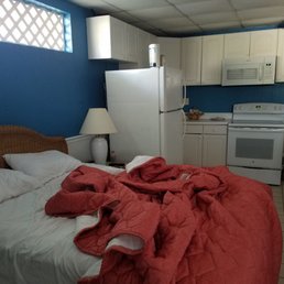 One room with the bed, couch, and kitchenette. One room with the bed, couch, and kitchenette.