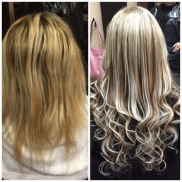 Before and after of great lengths hair extensions with highlights and lowlights... Amazing work!