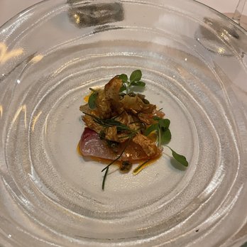Michael Mina - This was very good, amberjack crudo with artichoke crisps - New American Near Me - Las Vegas, Nevada