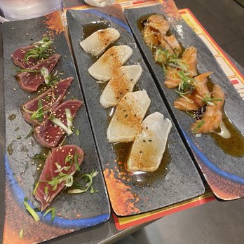 Must Be Cow - Forgot the names seared tuna, white tuna, and salmon carpaccio - Korean Near Me - Citrus Heights, California