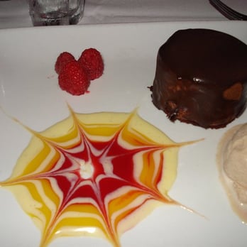 Cafe Santorini - Chocolate mousse cake. It was okay - BUT! The cinnamon ice cream I ordered with it? SUBLIME!  it's like Spider-Man decorated it. - Italian Near Me - Pasadena, California