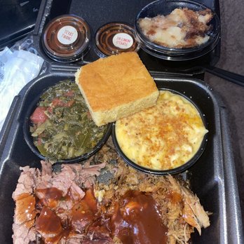 Mission BBQ - 2 MEAT SAMPLER with BRISKETT AND PULLED PORK , COLLARD GREENS, MAC N CHEESE, CORNBREAD AND PEACH COBLER - Barbeque Near Me - Boynton Beach, Florida Mission BBQ - 2 MEAT SAMPLER with BRISKETT AND PULLED PORK , COLLARD GREENS, MAC N CHEESE, CORNBREAD AND PEACH COBLER - Barbeque Near Me - Boynton Beach, Florida