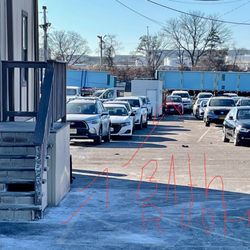 Drivo Rent A Car - Dangerous walk to bathroom through car lot traffic with no pedestrian walkway. Slippery snow and ice on floor.