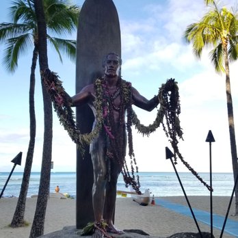 Duke Paoa Kahanamoku Statue - His birthday is 8-24-1890. Fresh flower garlands (lei) are draped on his arms annually in a ceremony - Public Art Near Me - Honolulu, Hawaii Duke Paoa Kahanamoku Statue - His birthday is 8-24-1890. Fresh flower garlands (lei) are draped on his arms annually in a ceremony - Public Art Near Me - Honolulu, Hawaii