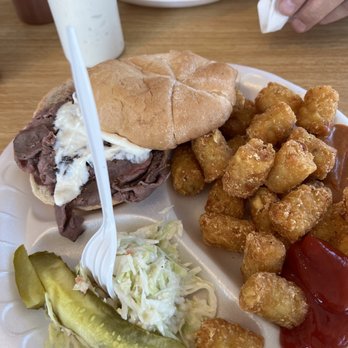 Beefy King - we both order the beef sandwich platter as shown. The platter comes with Cole slaw, pickle and tater tots. - Fast Food Near Me - Orlando, Florida Beefy King - we both order the beef sandwich platter as shown. The platter comes with Cole slaw, pickle and tater tots. - Fast Food Near Me - Orlando, Florida