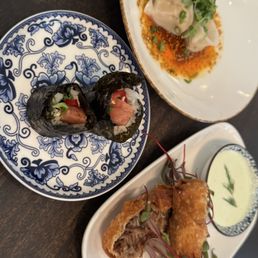 Spam musubi, brisket egg roll and dumplings