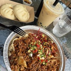 Pork noodles, pork buns, jasmine milk tea