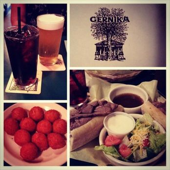 Bar Gernika - Delicious, delicious, delicious! Croquettes appetizer, kalimoxo drink, and Lamb Grinder with side salad. - Spanish Near Me - Boise, Idaho