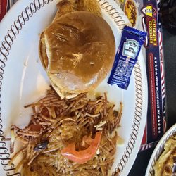 Chicken sandwich and hashbrowns