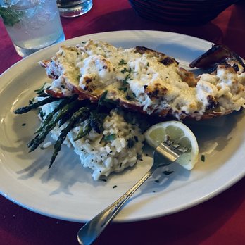 Duggan's Reef - Irish Whiskey Lobster with cheese over top, and risotto and asparagus.  Phenomenal! - Seafood Near Me - Saint Croix, Virgin Islands